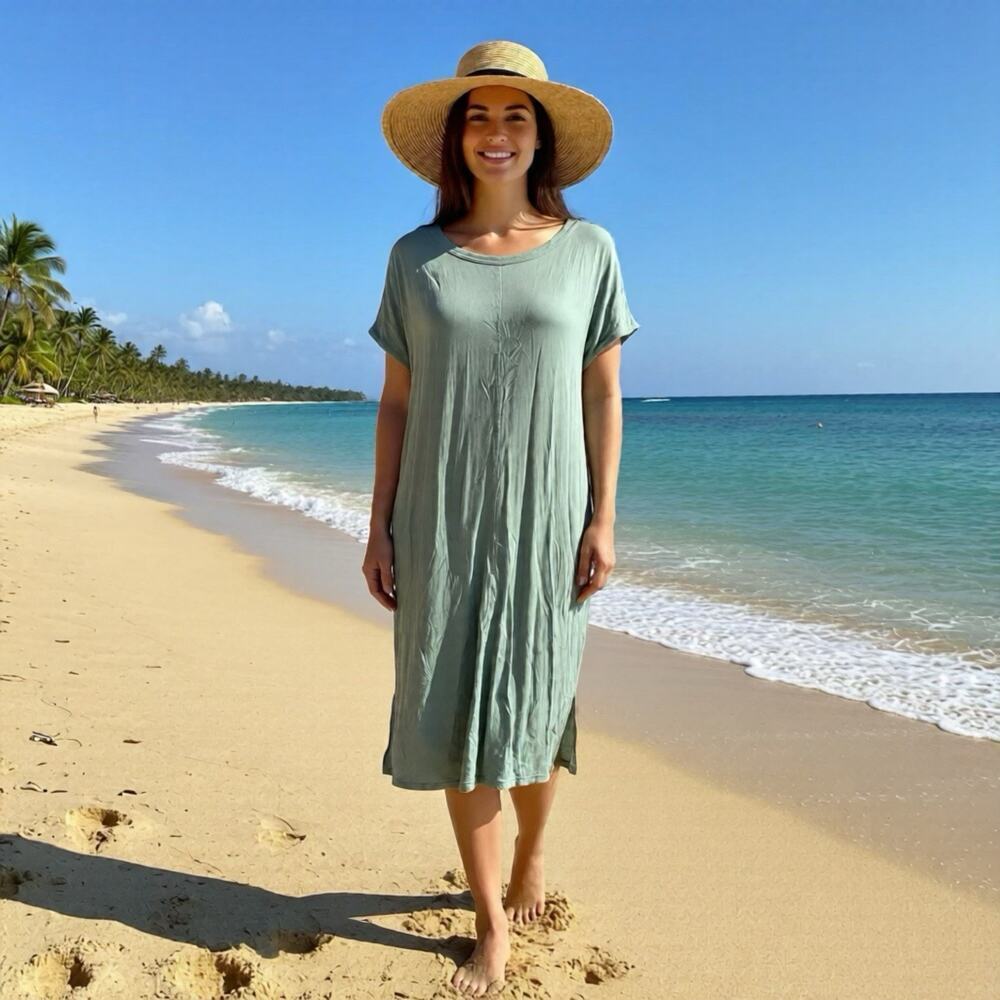 Joan Vass T-Shirt Dress Women M Short Sleeves Soft Modal Blend Quiet Luxury